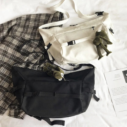 Canvas Crossbody Bag with Plush Pendant – Large Capacity Women's Shoulder Bag