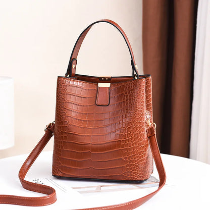 Crocodile Leather Bucket Bag – Large Capacity Shoulder & Crossbody Tote