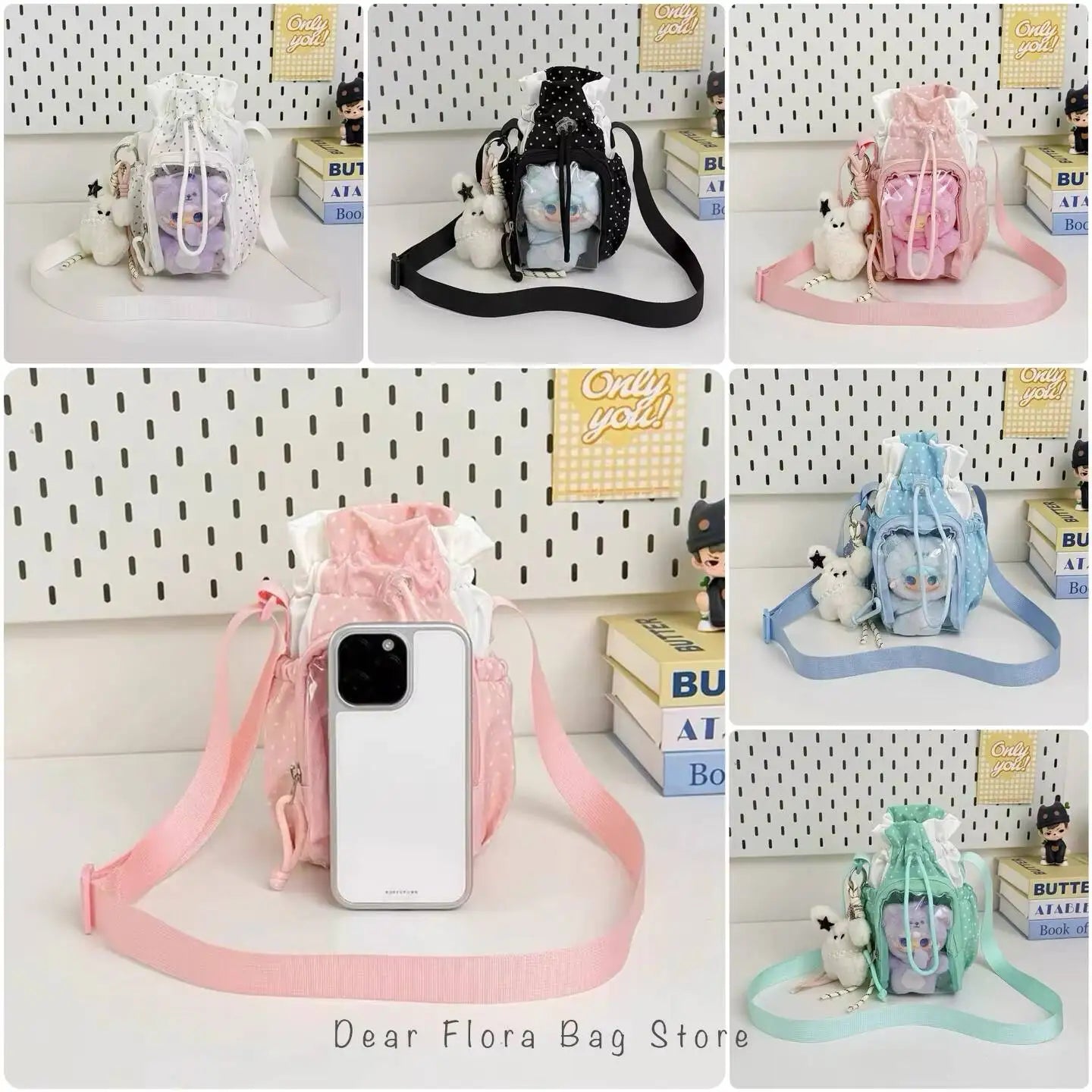 Cute Polka Dot Ita Crossbody Bag with Clear Window & Drawstring