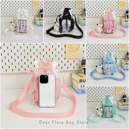 Cute Polka Dot Ita Crossbody Bag with Clear Window & Drawstring