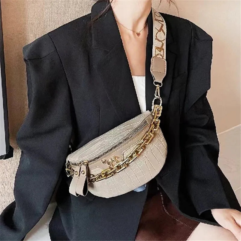 Crocodile Pattern PU Leather Crossbody Bag with Gold Chain Strap