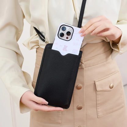 Litchi Pattern Soft Leather Vertical Mobile Phone Bag Ladies Shoulder Crossbody Multi-Card Storage