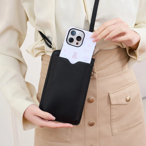 Litchi Pattern Soft Leather Vertical Mobile Phone Bag Ladies Shoulder Crossbody Multi-Card Storage