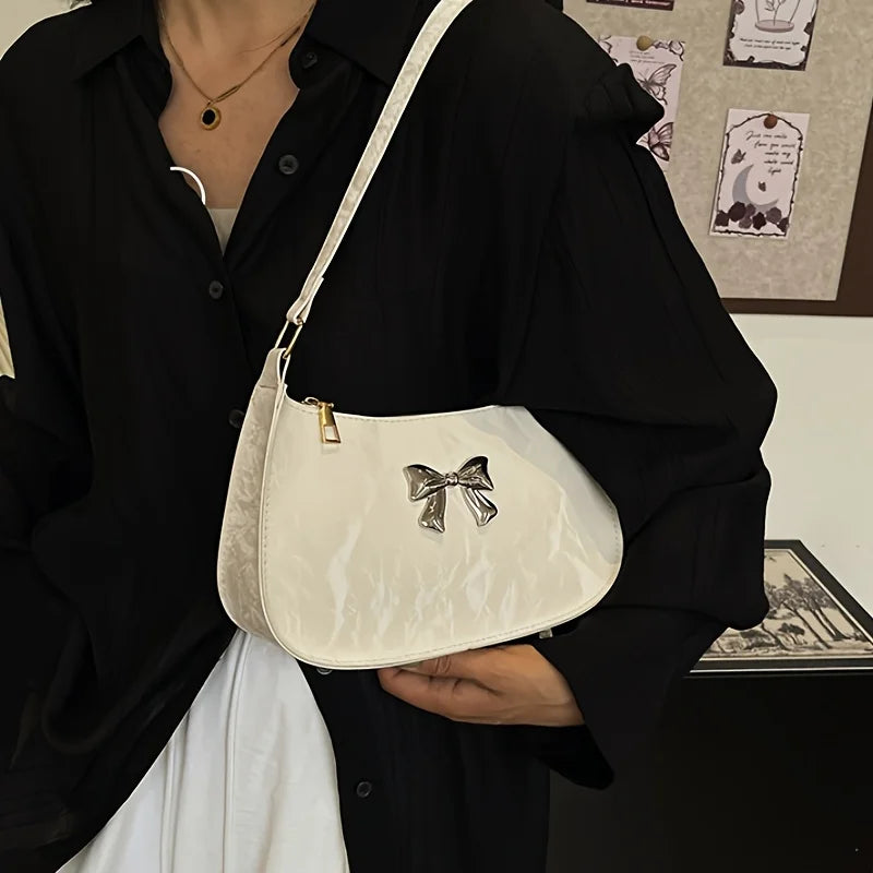 Bow Shoulder Bag – Women's Trendy Underarm Handbag with Metal Bow