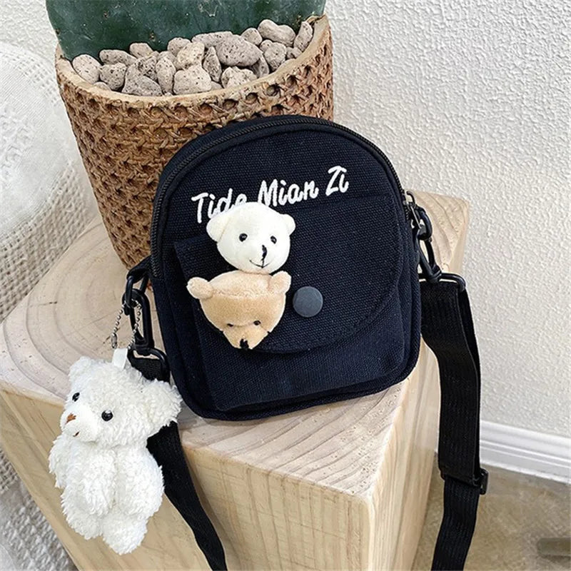 Canvas Crossbody Phone Bag with Cute Bear Plush Pins