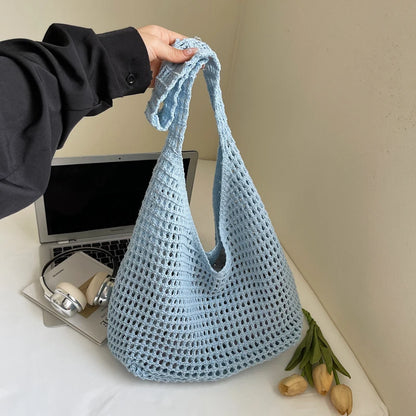 Minimalist Leisure Crochet Shoulder Bag Beach Hollow Women Handbag Solid Color Woven Totes Summer