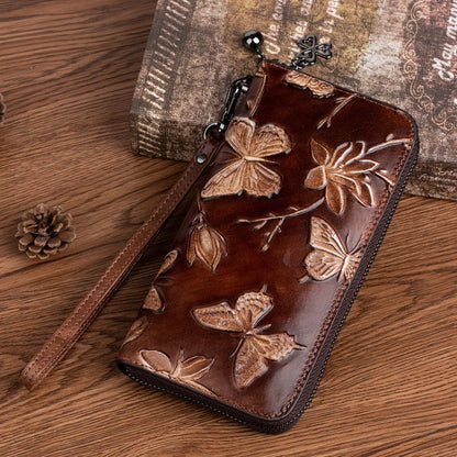 First Layer Cowhine Female Chinese Wind Pressure Flower Wipe Color Long Retro Large Capacity Mobile