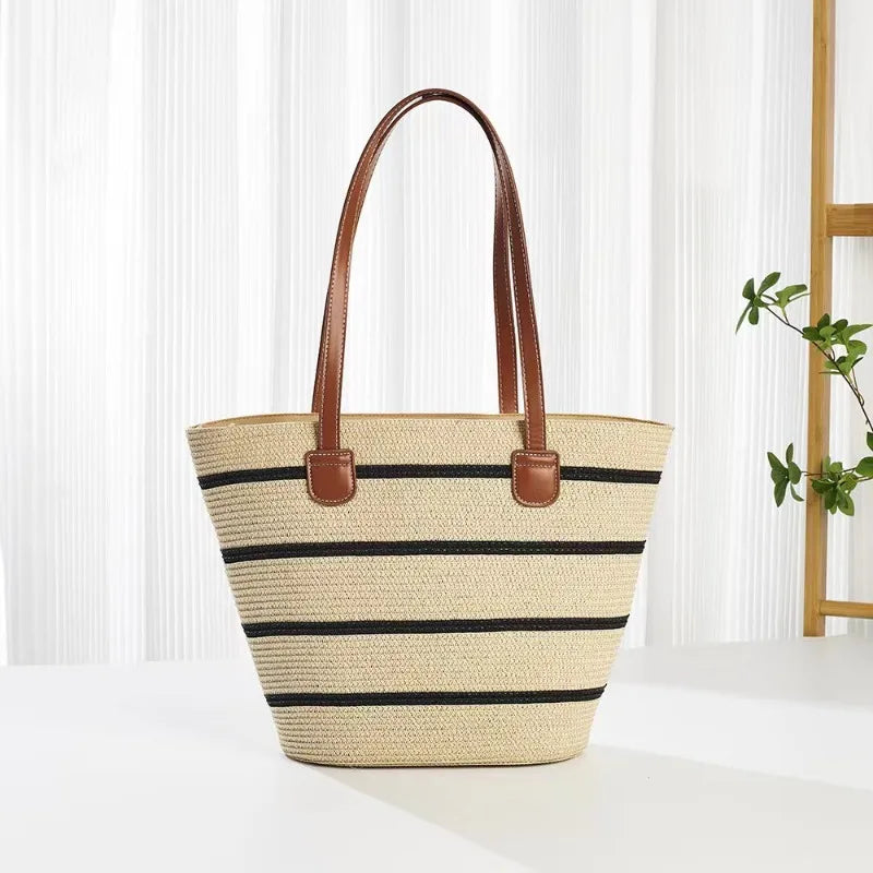 Summer Beach Casual Handbag Shoulder Bag Women Striped Straw Tote Bags Leather Handles