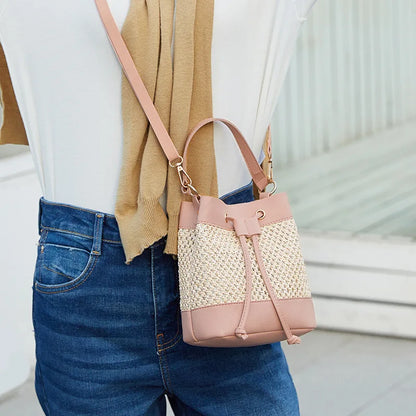 Faux Leather Straw Crossbody Bags Drawstring Closure