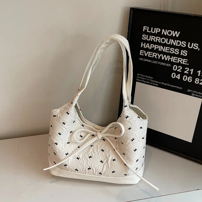 Cute Pink Bow Tote Bag Contrast Handbag Shoulder Large Capacity Soft Fabric Daily Shopping Casual