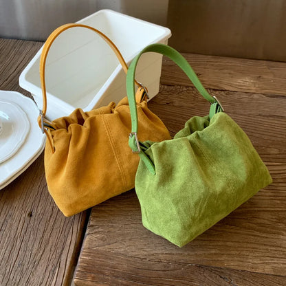 Suede Ruched Mini Bucket Bag with Detachable Strap