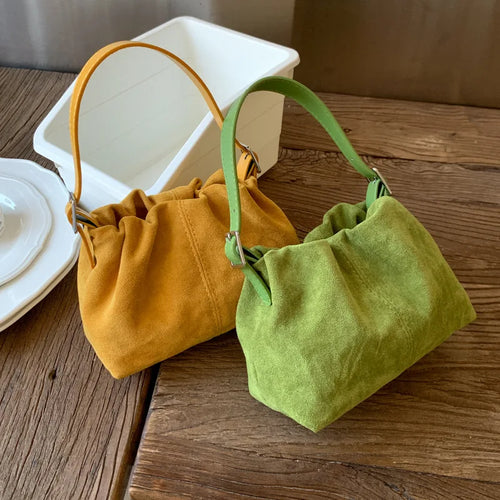 Suede Ruched Mini Bucket Bag with Detachable Strap