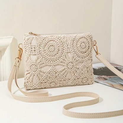 Crochet Bag with Hollowed Out Floral Design – Woven Straw Crossbody with Adjustable Strap