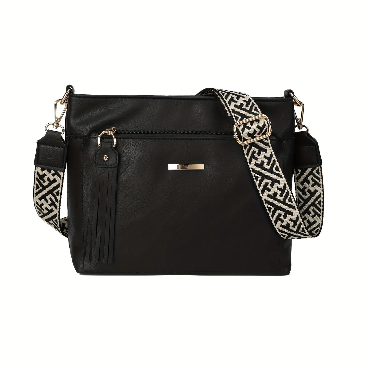 Textured Crossbody Bag – Faux Leather Shoulder Bag with Patterned Strap & Tassel Detail