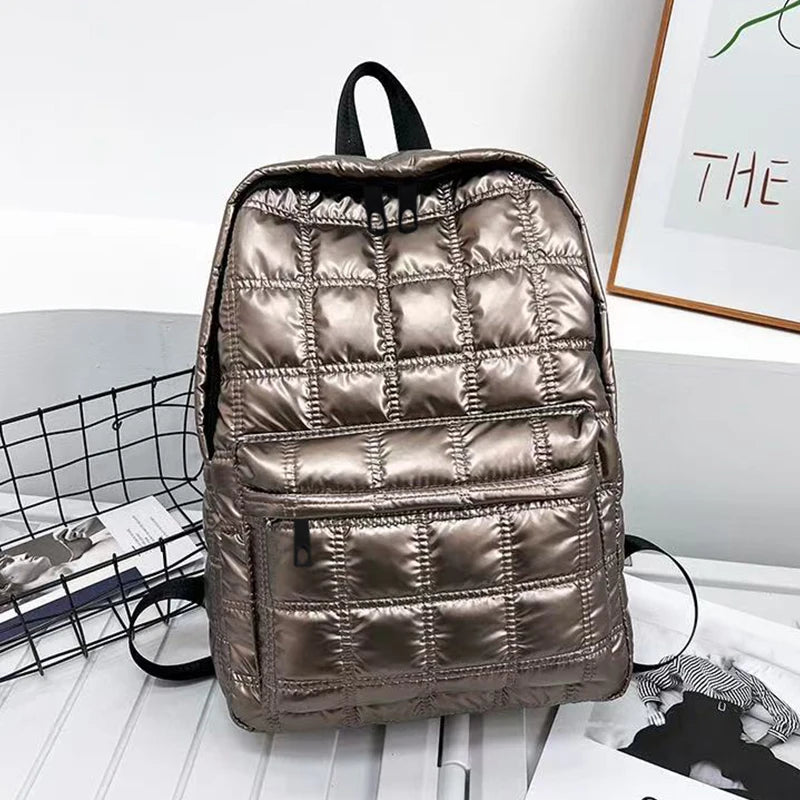 Quilted Metallic Backpack – Multi-Compartment Shiny Daypack for Women