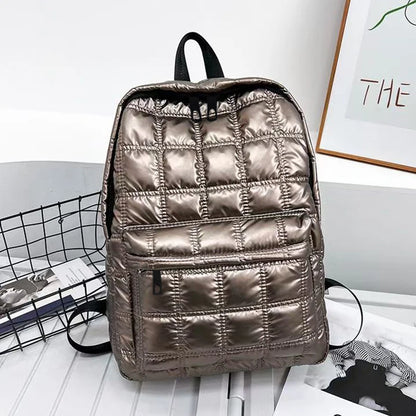Quilted Metallic Backpack – Multi-Compartment Shiny Daypack for Women