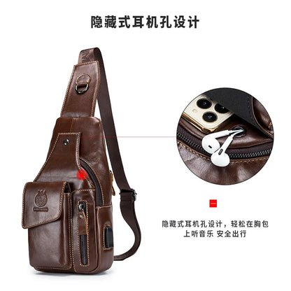 Real Leather Cross-Body Chest Bag Men Retro Head Layer Cowhide Large Capacity Usb Front Satchel