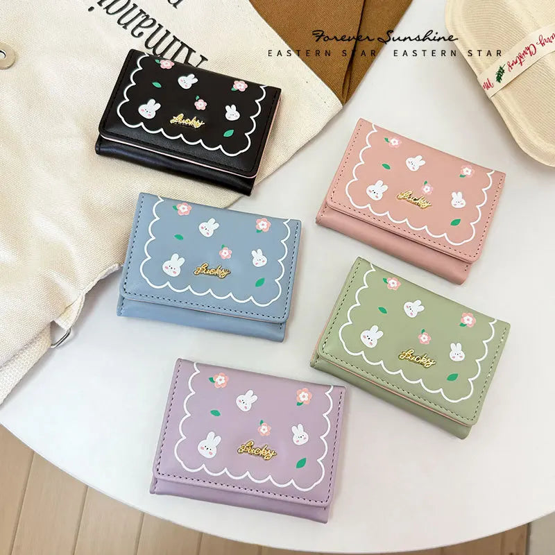 Cute Rabbit Girl Student Cartoon Short Three Folding Wallet Printed Anime Change Kawaii