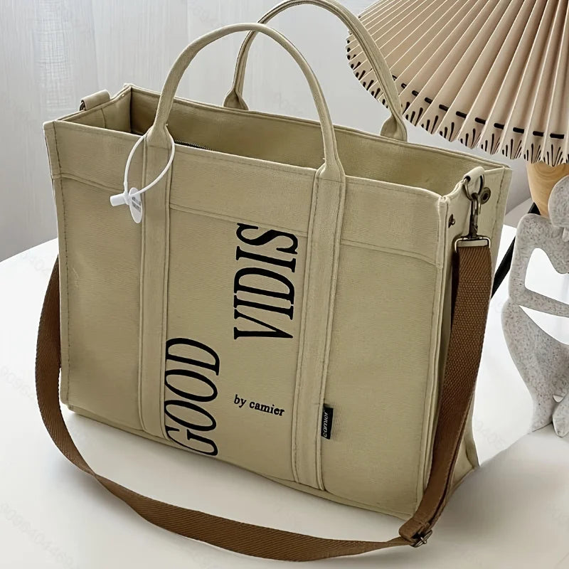 Letter Print Canvas Tote Bag Comfortable Wide Strap Shoulder Bag