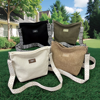 Corduroy Crossbody Bag with Wide Boho Strap