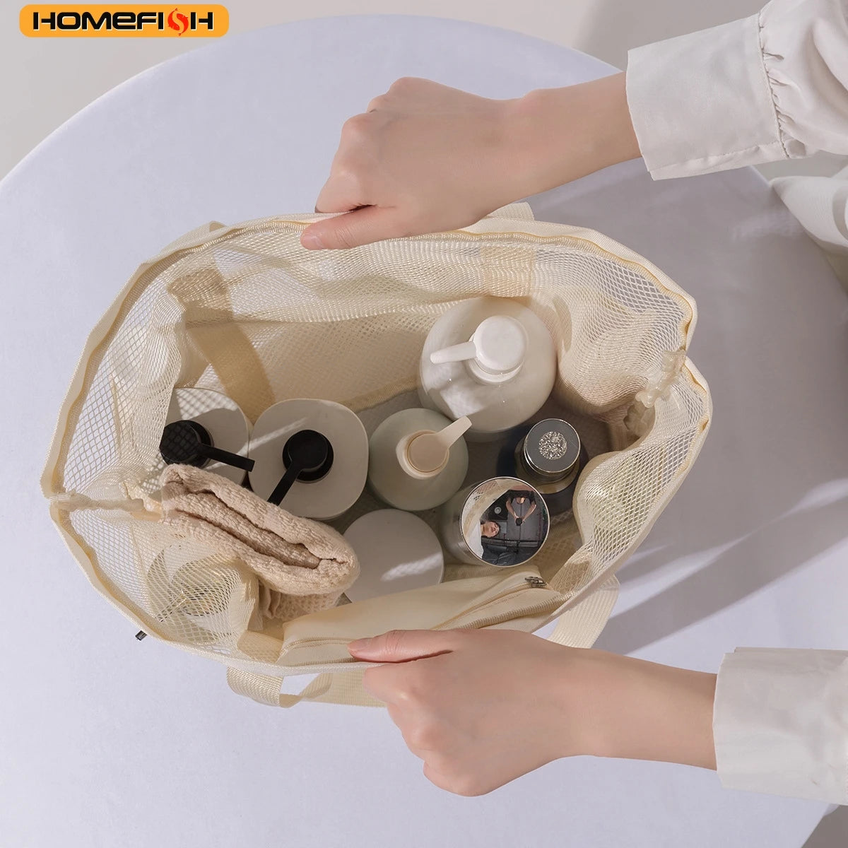 Homefish Durable Mesh Beach Tote Bag Multipocket Waterproof Beach Bag Underwear Pocket Summer Towels