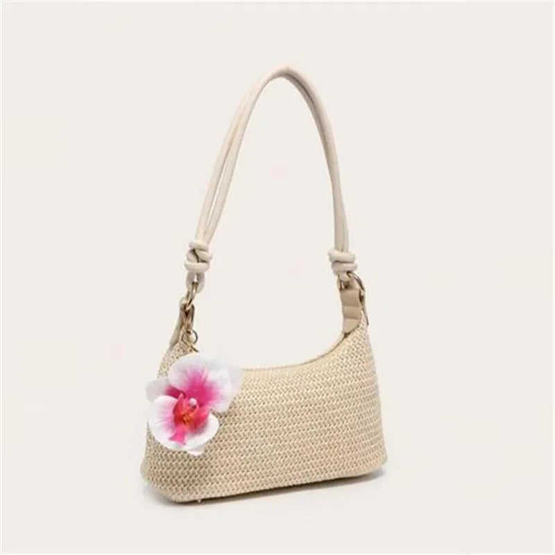 Straw Woven Tote Bag – Summer Shoulder Bag with Flower Pendant for Women