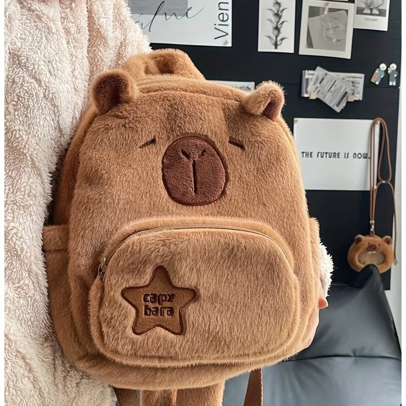 Capybara Plush Backpack – Cute Faux Fur Mini Bag