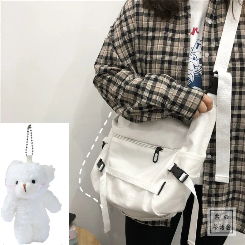 Canvas Crossbody Bag with Plush Pendant – Large Capacity Women's Shoulder Bag