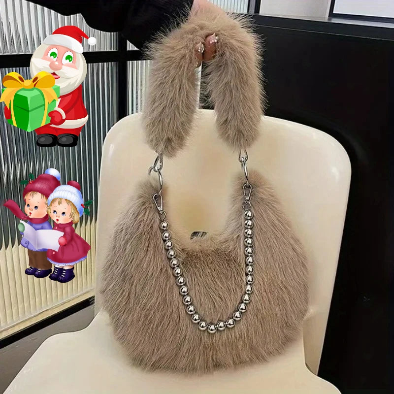 Faux Fur Tote Bag with Pearl Chain Strap – Chic Underarm Shoulder Handbag
