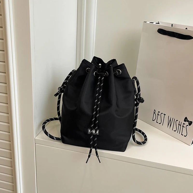 Adjustable Chain Strap Bucket Crossbody Bag Drawstring Nylon Mini Shoulder Purse Women Casual Daily
