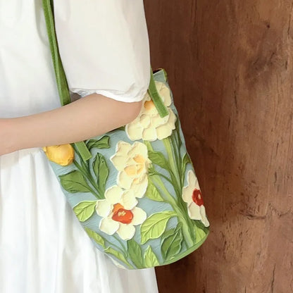 Floral Oil Painting Bucket Bag – Women's Shoulder & Crossbody Tote