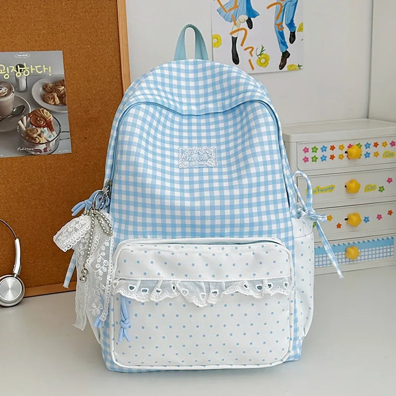 Lightweight Nylon Fabric Polka Dot Color-Blocking Backpack