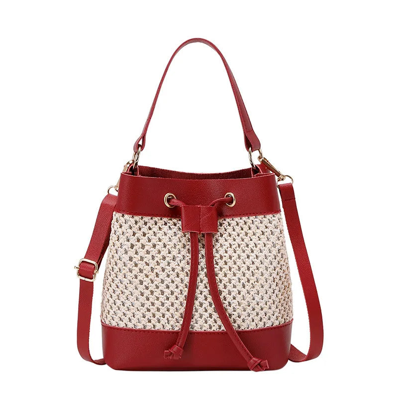 Faux Leather Straw Crossbody Bags Drawstring Closure