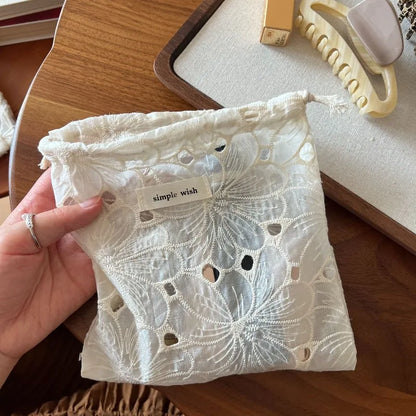 Lace Drawstring Makeup Pouch – Vintage Floral Hollow Design