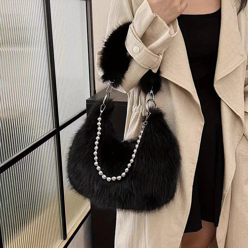 Luxurious Faux Fur Shoulder Bag - Chic Trendy Underarm Purse Pearl Chain Strap