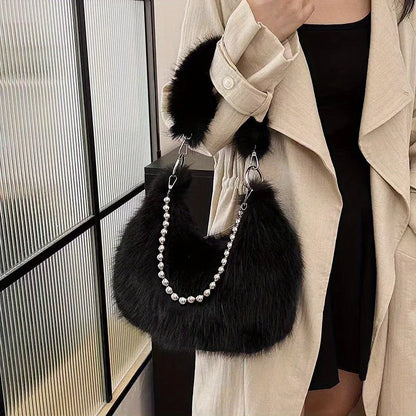 Luxurious Faux Fur Shoulder Bag - Chic Trendy Underarm Purse Pearl Chain Strap