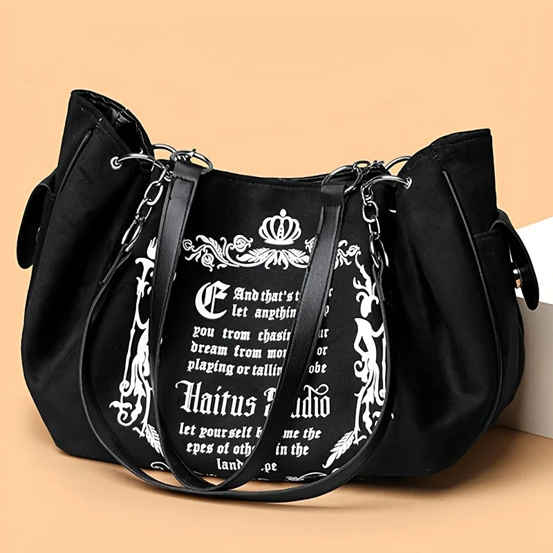 Letter Print Faux Suede Tote Bag – Retro Large Capacity Shoulder Bag for Women