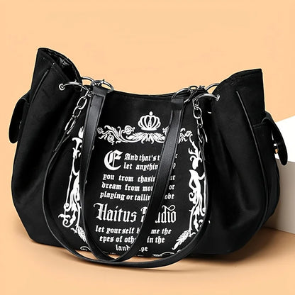 Letter Print Faux Suede Tote Bag – Retro Large Capacity Shoulder Bag for Women