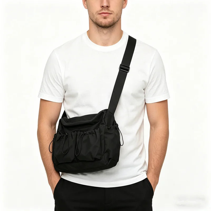 Black Nylon Crossbody Bag – Multi-Pocket Drawstring