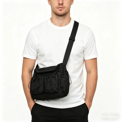 Black Nylon Crossbody Bag – Multi-Pocket Drawstring