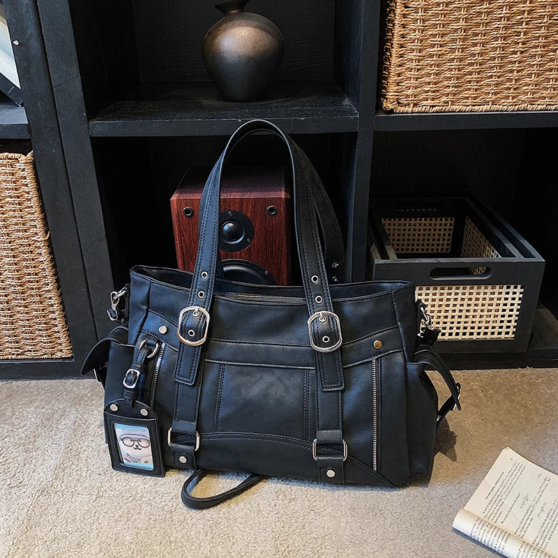 Commute Y2k Women Tote Bag Soft Pu Leather Metal Shoulder Large Capacity Multi Pocket Handbag
