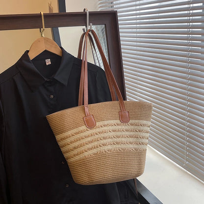Vacation Beach Handbag Woven Stripe Pattern Women Tote Bag Large Capacity Versatile Shoulder Summer