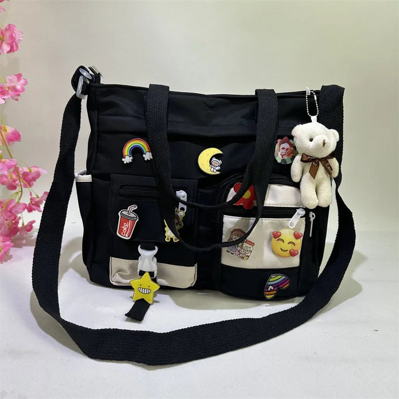 Waterproof Oxford Cloth Handbag Splicing Crossbody Bag Badge Pendant Women Shoulder Student School