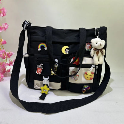 Waterproof Oxford Cloth Handbag Splicing Crossbody Bag Badge Pendant Women Shoulder Student School