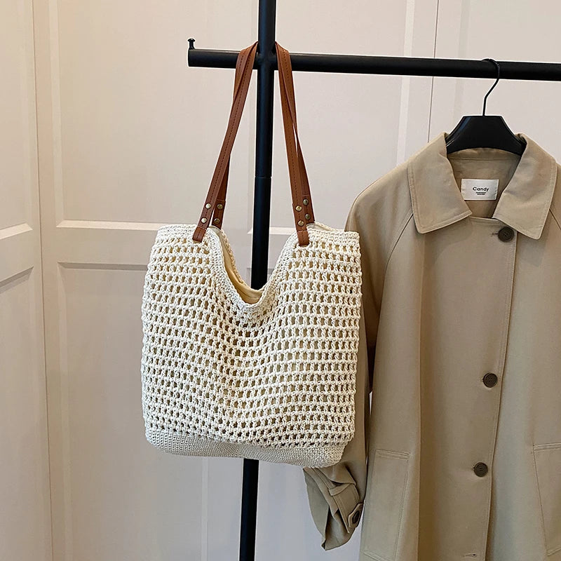 Fresh Vacation Women Tote Bag Open Weave Lightweight Soft Shoulder Large Capacity Breathable Handbag