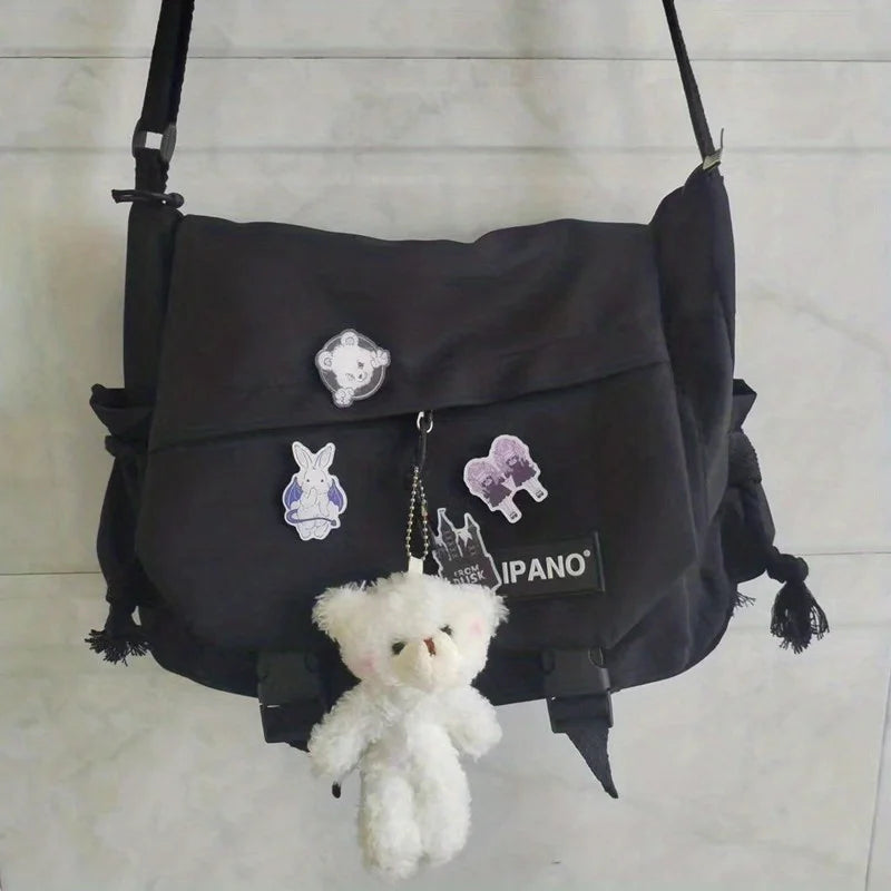 Large Capacity Nylon Messenger Bag with Bear Charm