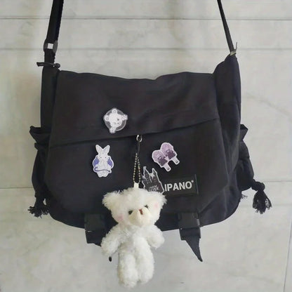 Large Capacity Nylon Messenger Bag with Bear Charm