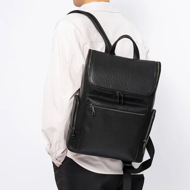 Men S Genuine Leather High-End Double-Shoulder Bag Simple Flap