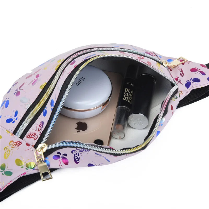 Fashionable Waist Bag Double Zipper Butterfly Multifunctional Shoulder Crossbody Pu Change Mobile
