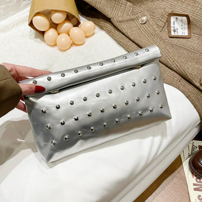Light Luxury Clutch Bag Glitter Pu Leather Evening Rivet Solid Color Handbag Banquet Dance